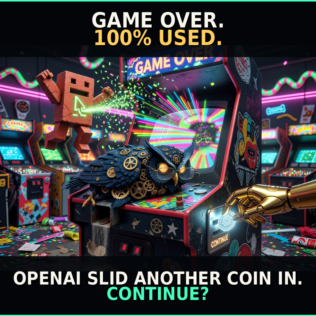 An arcade-cabinet 'GAME OVER. 100% USED.' screen above 'OPENAI SLID ANOTHER COIN IN. CONTINUE?'
