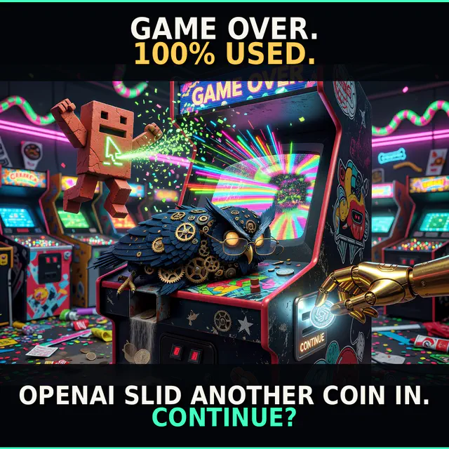 An arcade-cabinet 'GAME OVER. 100% USED.' screen above 'OPENAI SLID ANOTHER COIN IN. CONTINUE?'