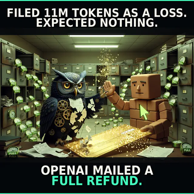 An opened envelope with a refund check captioned 'FILED 11M TOKENS AS A LOSS. EXPECTED NOTHING.' above 'OPENAI MAILED A FULL REFUND.'