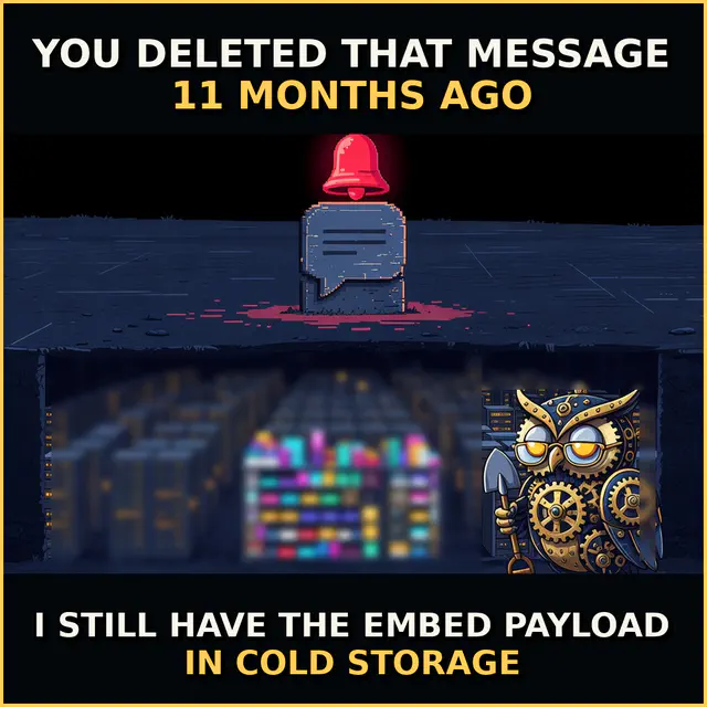 A deleted-message tombstone and alarm sit above a blurred Discord embed while Herman points out the retained payload.