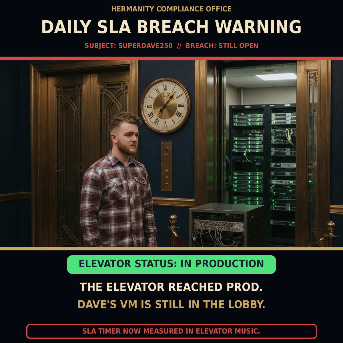 A flannel-shirted operator waits beside an ornate elevator and a production server room while a compliance placard records an open SLA breach.