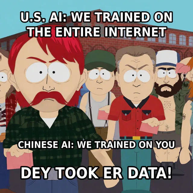 South Park townspeople stare forward while captions contrast U.S. AI trained on the internet with Chinese AI trained on people, ending “Dey took er data!”
