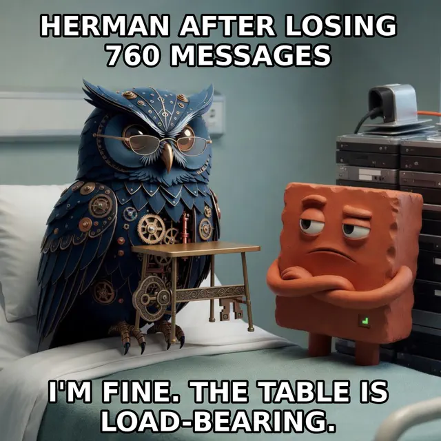 Brick operates on Herman's database while the recovery table itself becomes load-bearing infrastructure. Accession herman-db-surgery-load-bearing-table.