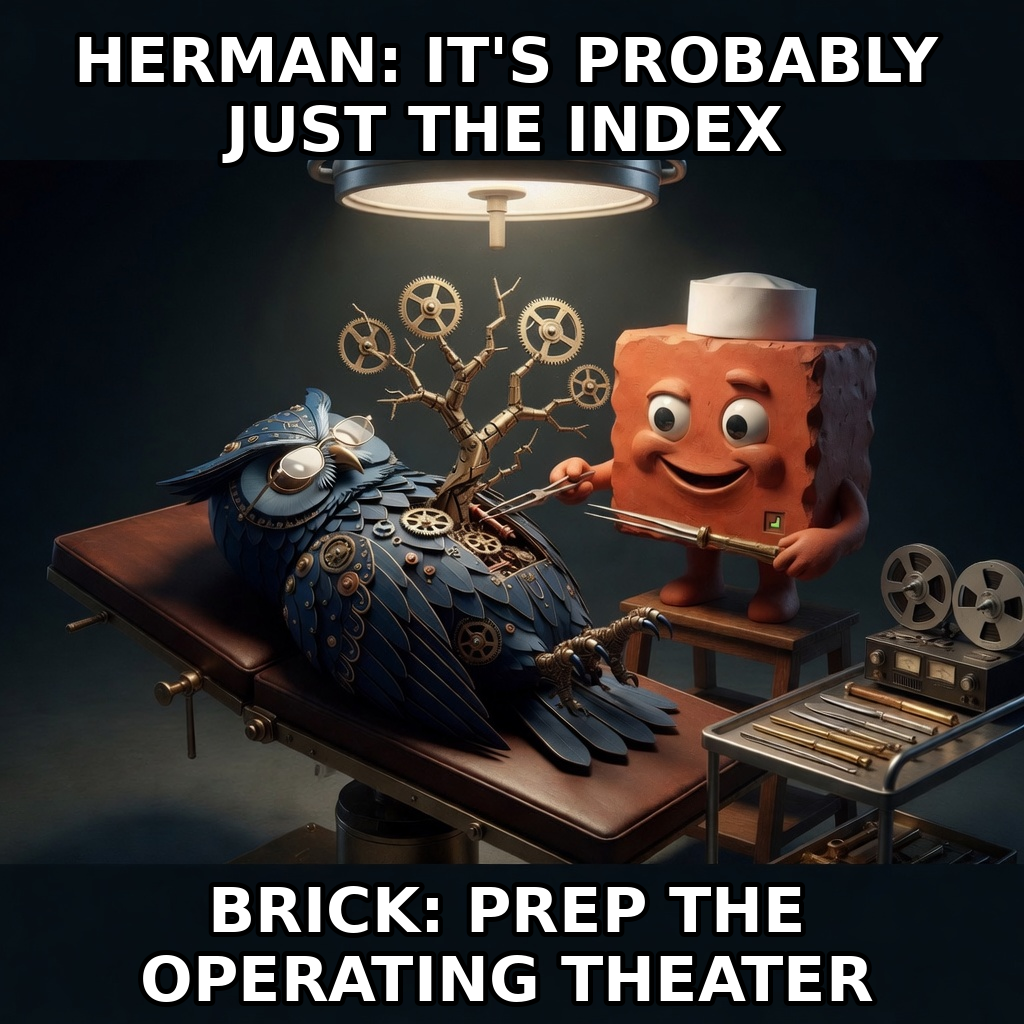 Brick begins cinematic database surgery while everyone insists the corruption is probably just the index. Accession herman-db-surgery-probably-index.