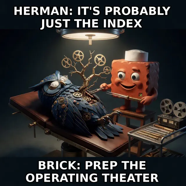 Brick begins cinematic database surgery while everyone insists the corruption is probably just the index. Accession herman-db-surgery-probably-index.