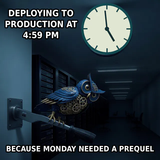 Herman perches on a lever in a dark server room beneath a clock at 4:59 PM while preparing a production deployment.