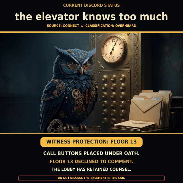 Herman the clockwork owl waits beside an ornate elevator panel marked with floor thirteen, a clock, envelopes, and witness-protection notices.