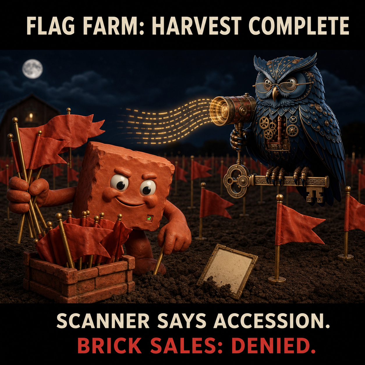 Herman scans a moonlit farm of red flags while Brick holds the harvest. Caption: FLAG FARM: HARVEST COMPLETE. SCANNER SAYS ACCESSION. BRICK SALES: DENIED.