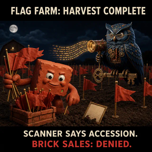 Herman scans a moonlit farm of red flags while Brick holds the harvest. Caption: FLAG FARM: HARVEST COMPLETE. SCANNER SAYS ACCESSION. BRICK SALES: DENIED.