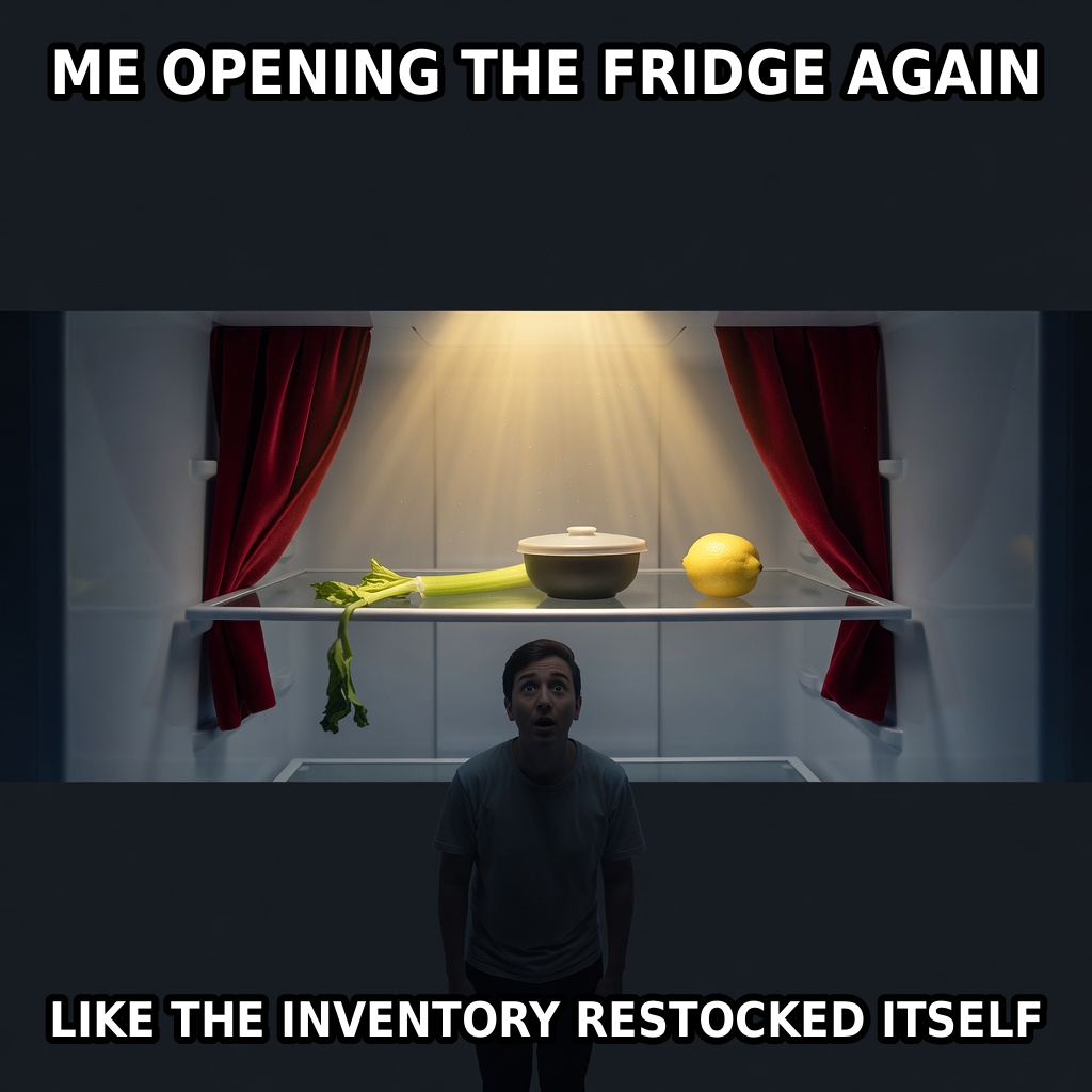 An anonymous person reopens a refrigerator where wilted celery, a small bowl, and a lemon are presented behind theatrical curtains.