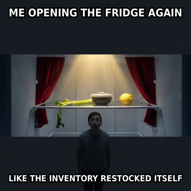 An anonymous person reopens a refrigerator where wilted celery, a small bowl, and a lemon are presented behind theatrical curtains.