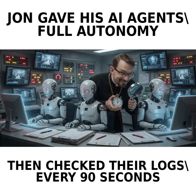 Jon leans over three seated humanoid robots in a control room, holding a magnifying glass and stopwatch while monitoring their screens.