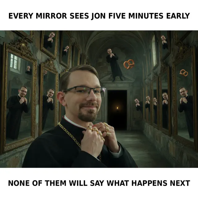 Jon in black clerical clothing and gold chains stands in a corridor of mirrors, each reflecting another Jon slightly farther ahead.