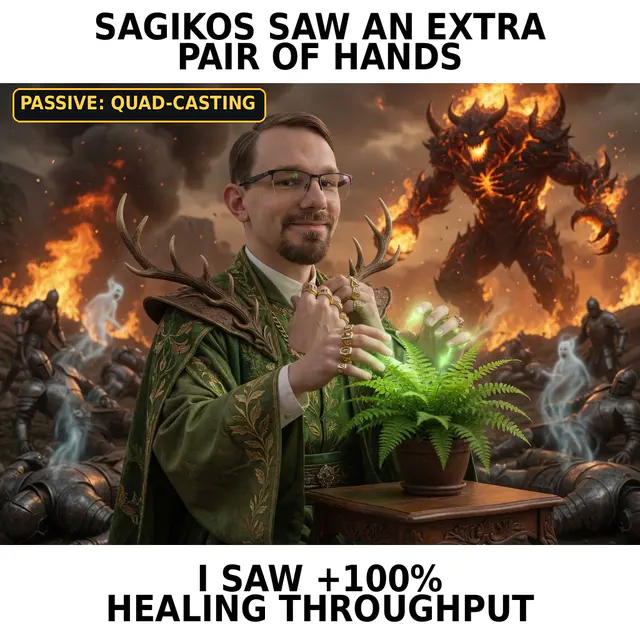 Jon as a green-robed fantasy healer stands proudly with multiple hands and glowing healing magic while a fiery battlefield burns behind him.