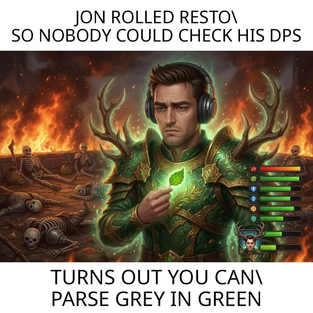 A serious fantasy healer in green antlered armor stands amid flames and skeletons with a game-style healing meter at the side.