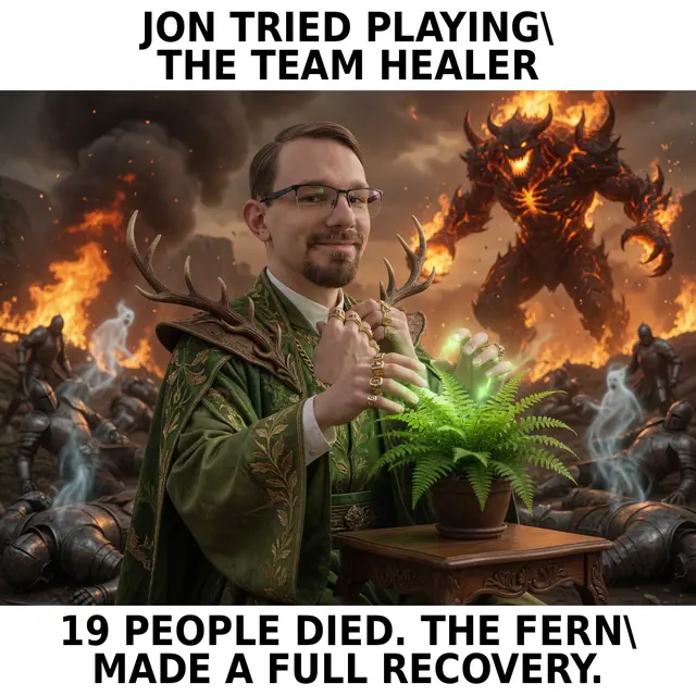 Jon as a green-robed fantasy healer proudly heals a houseplant while a burning battlefield and dead adventurers fill the background.