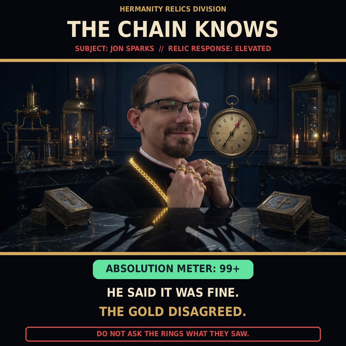 Jon in black clerical clothing, glasses, rings, and a glowing gold chain sits at a dark marble desk surrounded by clocks, candles, reliquaries, and measuring instruments.
