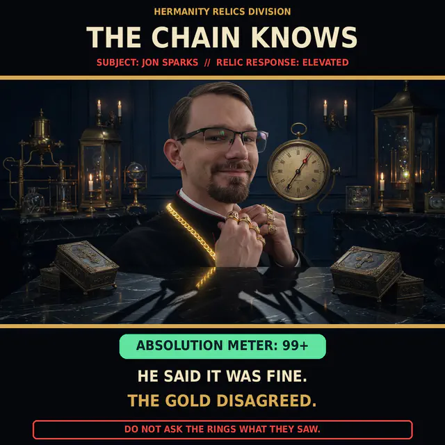 Jon in black clerical clothing, glasses, rings, and a glowing gold chain sits at a dark marble desk surrounded by clocks, candles, reliquaries, and measuring instruments.