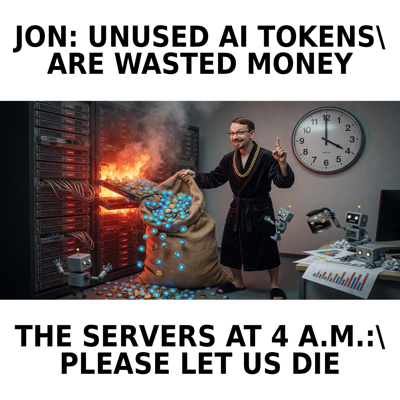 Jon in a black robe and gold chain pours glowing blue tokens into a burning server rack while small robots plead from the floor beneath a 4 a.m. clock.