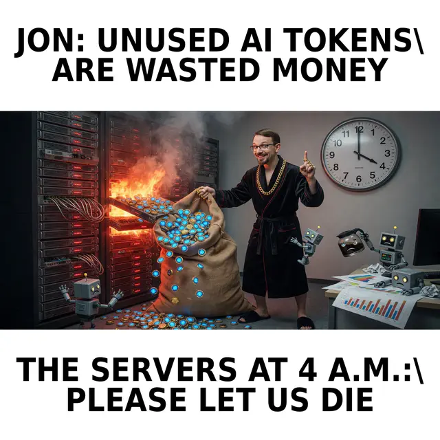 Jon in a black robe and gold chain pours glowing blue tokens into a burning server rack while small robots plead from the floor beneath a 4 a.m. clock.