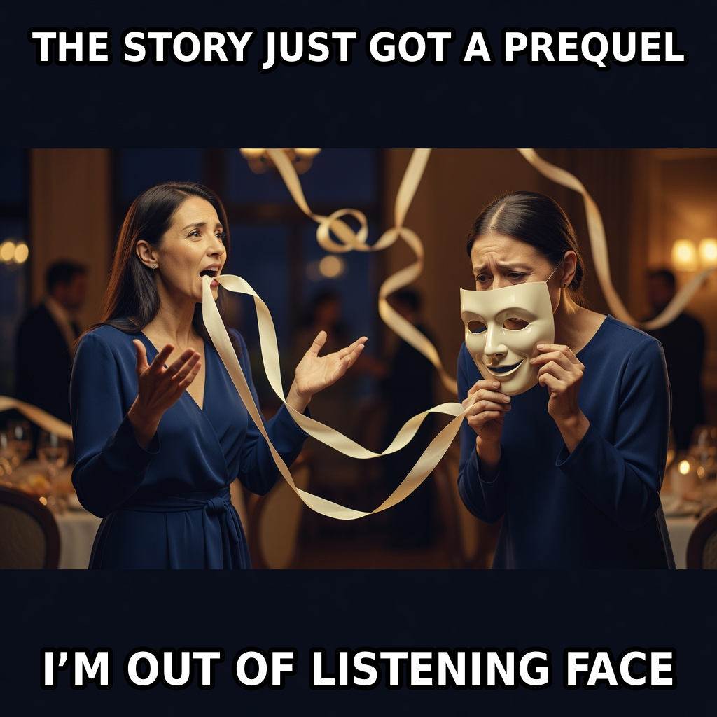 An animated anonymous speaker unspools an endless story ribbon while an exhausted listener barely holds a slipping polite smile mask over their tired face.