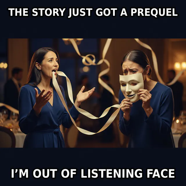 An animated anonymous speaker unspools an endless story ribbon while an exhausted listener barely holds a slipping polite smile mask over their tired face.