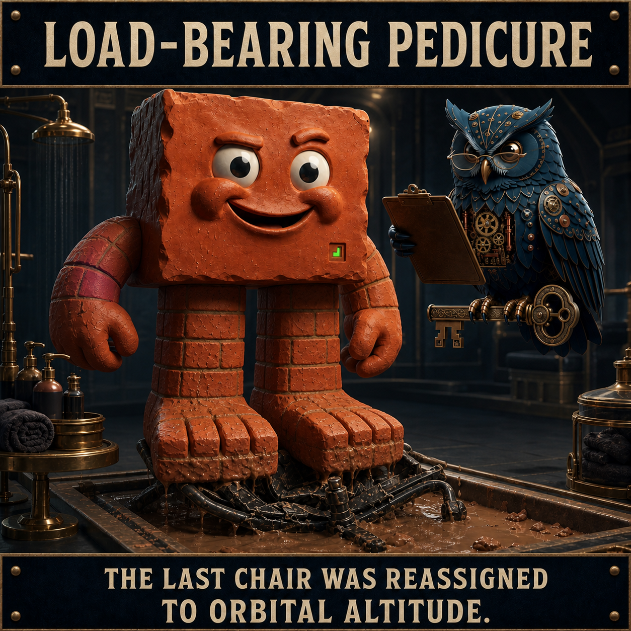 Brick stands on oversized brick feet while Herman inspects them. Caption: LOAD-BEARING PEDICURE. THE LAST CHAIR WAS REASSIGNED TO ORBITAL ALTITUDE.