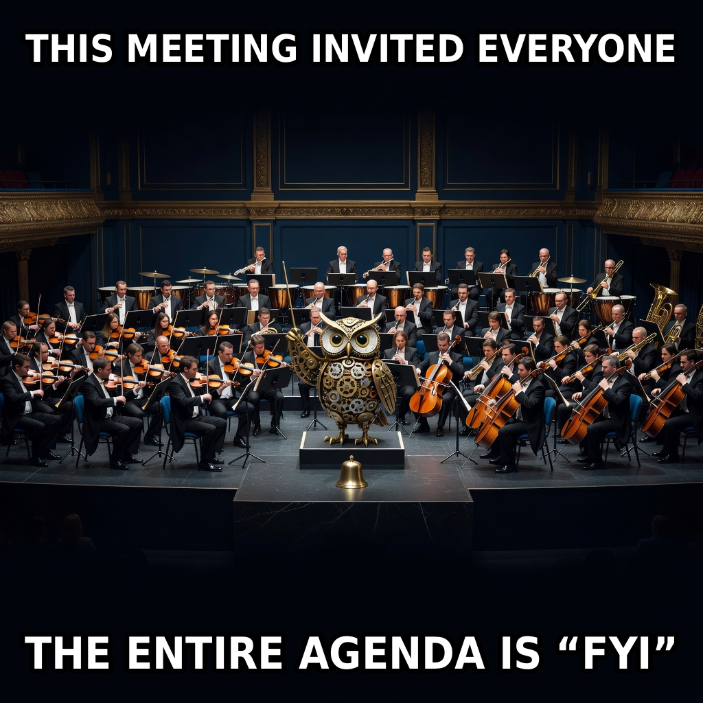 A navy-and-brass clockwork owl conducts a packed symphony orchestra toward one tiny brass notification chime.