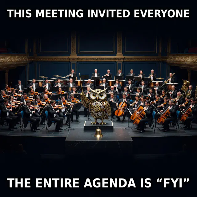 A navy-and-brass clockwork owl conducts a packed symphony orchestra toward one tiny brass notification chime.