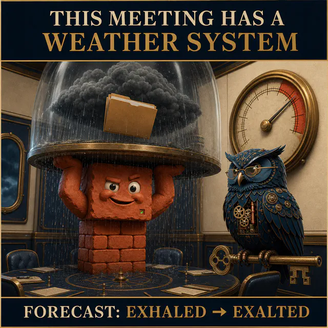 Brick sits under a personal rain cloud at a conference table while Herman observes. Caption: THIS MEETING HAS A WEATHER SYSTEM. FORECAST: EXHALED TO EXALTED.