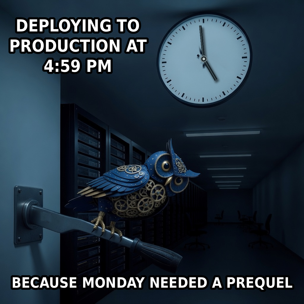 A navy-and-brass clockwork owl accidentally stands on a release lever in a darkening server corridor beneath a photographic clock reading 4:59.