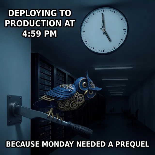 A navy-and-brass clockwork owl accidentally stands on a release lever in a darkening server corridor beneath a photographic clock reading 4:59.
