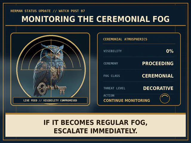 A brass-and-midnight status console shows Herman, a clockwork owl, inside a radar reticle with visibility zero percent and threat level decorative.