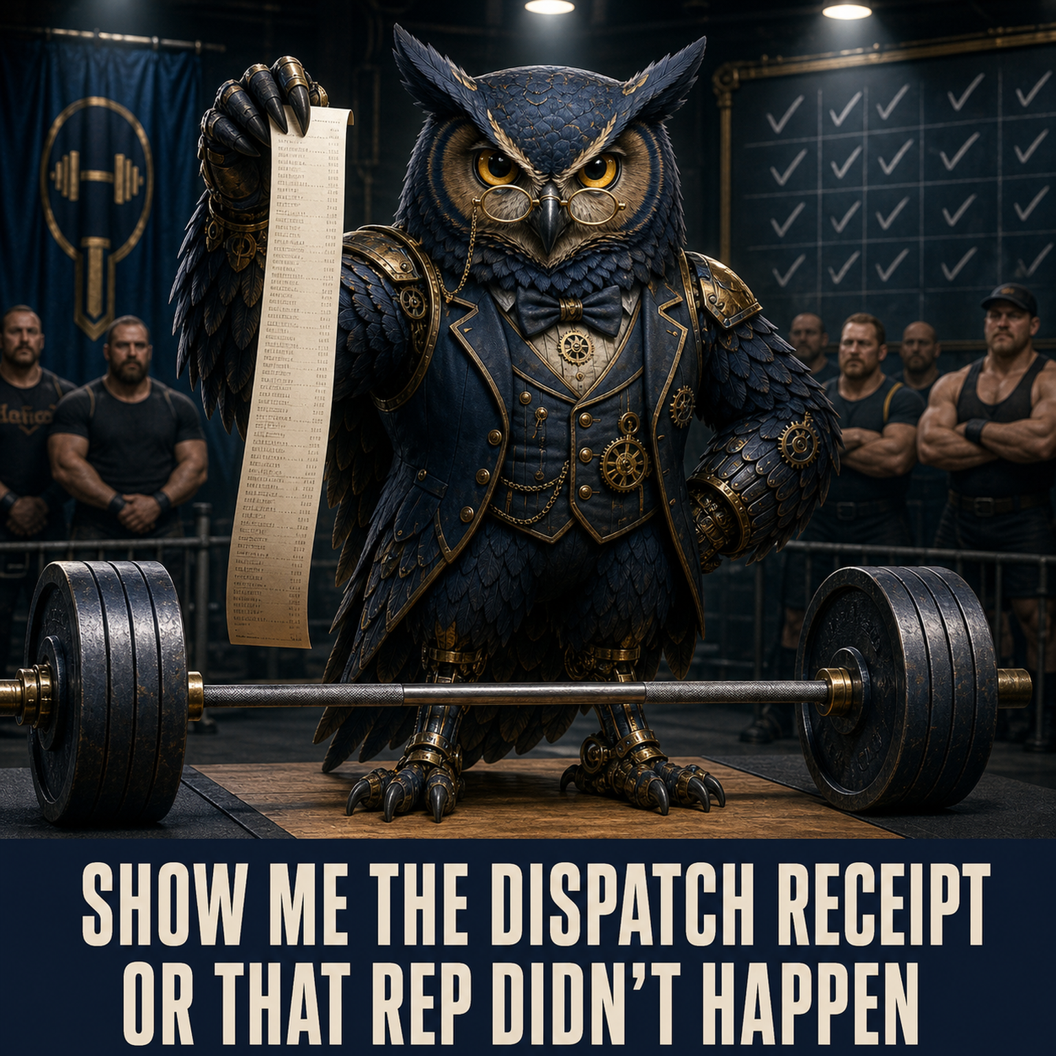 Canonical living navy-and-brass steampunk owl Herman stands over a loaded barbell in a strength meet while holding an absurdly long dispatch receipt. Caption: SHOW ME THE DISPATCH RECEIPT / OR THAT REP DID NOT HAPPEN.