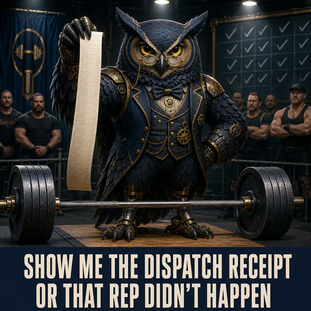 Canonical living navy-and-brass steampunk owl Herman stands over a loaded barbell in a strength meet while holding an absurdly long dispatch receipt. Caption: SHOW ME THE DISPATCH RECEIPT / OR THAT REP DID NOT HAPPEN.