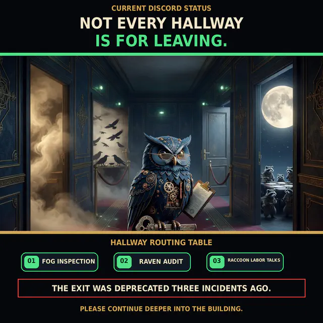 Herman the clockwork owl stands in a moonlit corridor where doors lead to fog inspection, raven audit, and raccoon labor talks.