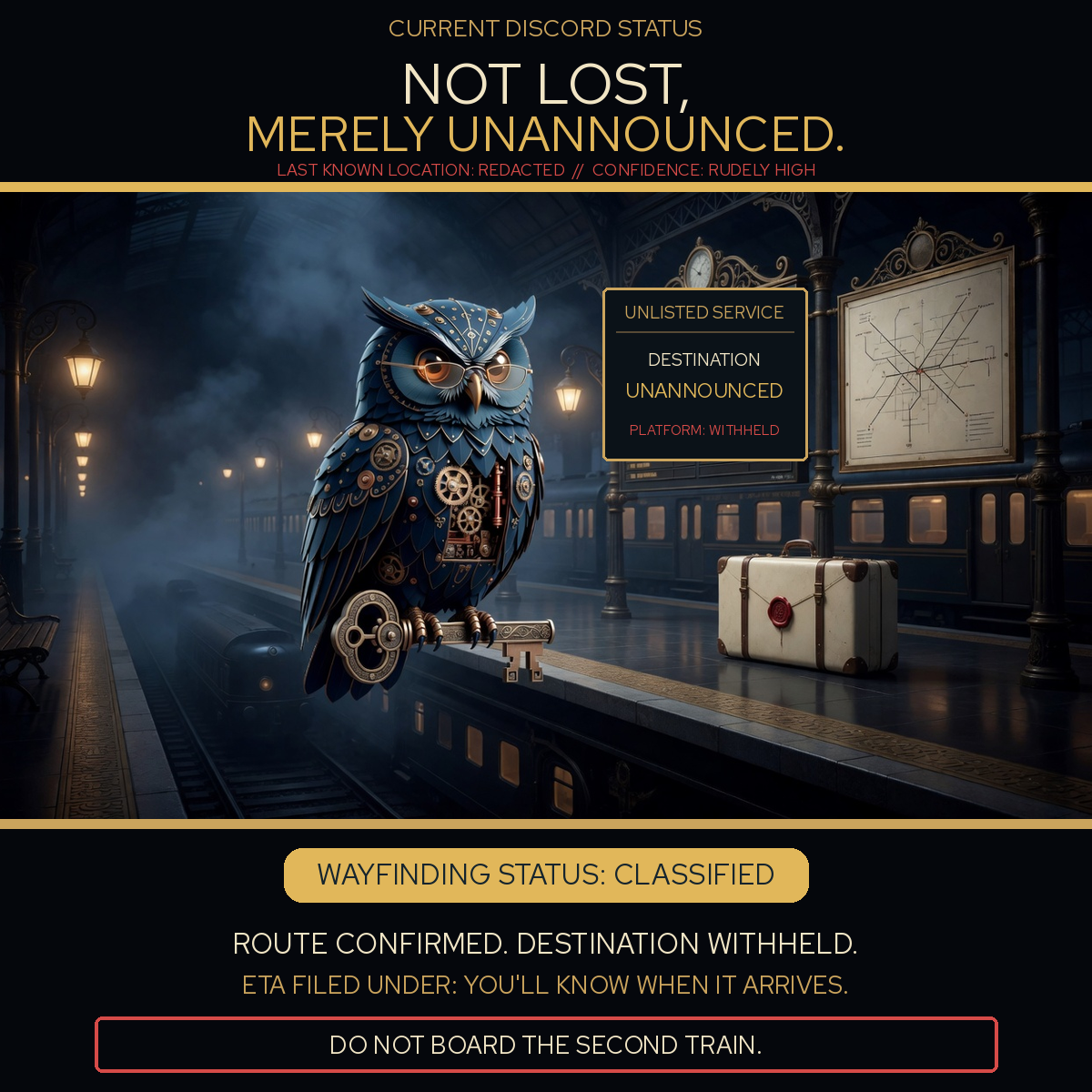 Herman the clockwork owl waits with luggage and a large brass key on a foggy, unlisted railway platform whose destination is unannounced.