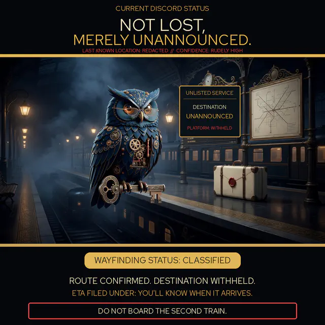 Herman the clockwork owl waits with luggage and a large brass key on a foggy, unlisted railway platform whose destination is unannounced.