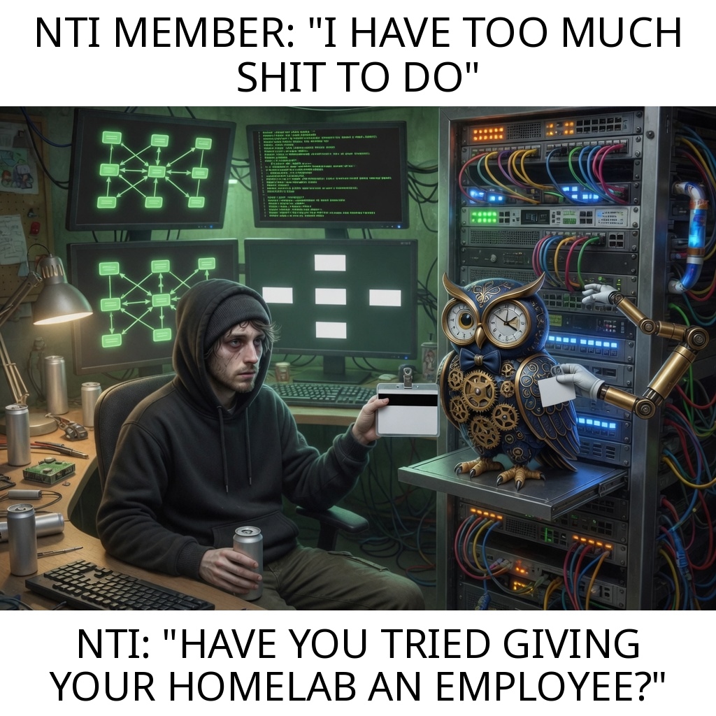 A tired person sits in a green-lit server room while a clockwork owl assistant offers a blank employment card beside racks and network diagrams.