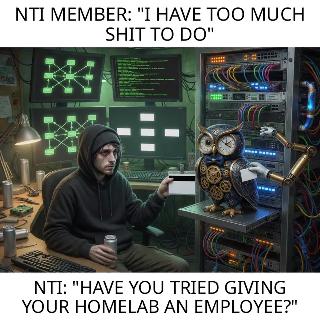 A tired person sits in a green-lit server room while a clockwork owl assistant offers a blank employment card beside racks and network diagrams.