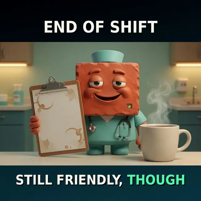 Brick in nurse attire at a hospital station at shift change with the caption 'END OF SHIFT' above 'STILL FRIENDLY, THOUGH'.