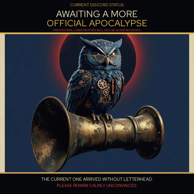 Herman the clockwork owl perches on a tarnished civil-defense siren beneath a red eclipse in a formal status-poster frame.