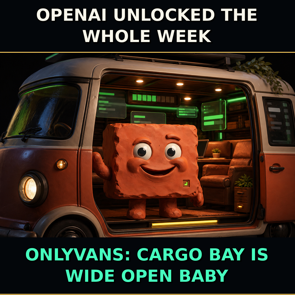 Brick opens the cargo bay of an identity-locked OnlyVans campaign vehicle.
