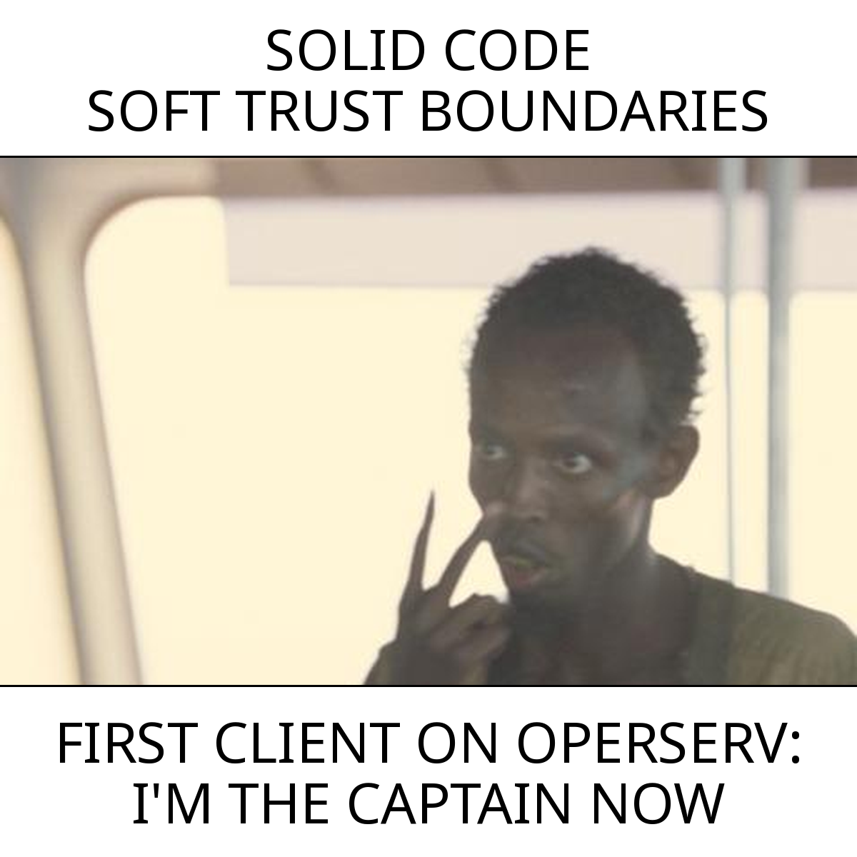 An operator in a captain's uniform with a brass IRC-ops badge above a 'CAPTAIN NOW' caption strip.