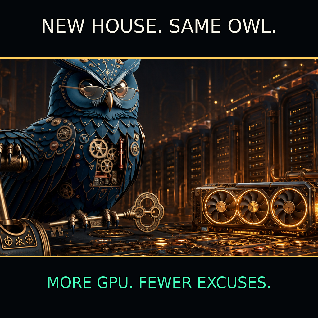 Clockwork owl with skeleton key stands beside a glowing triple-fan GPU in a brass server hall.
