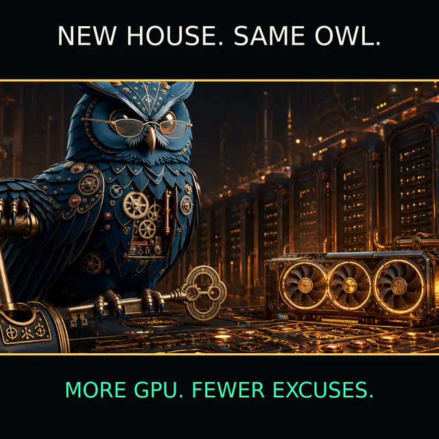 Clockwork owl with skeleton key stands beside a glowing triple-fan GPU in a brass server hall.