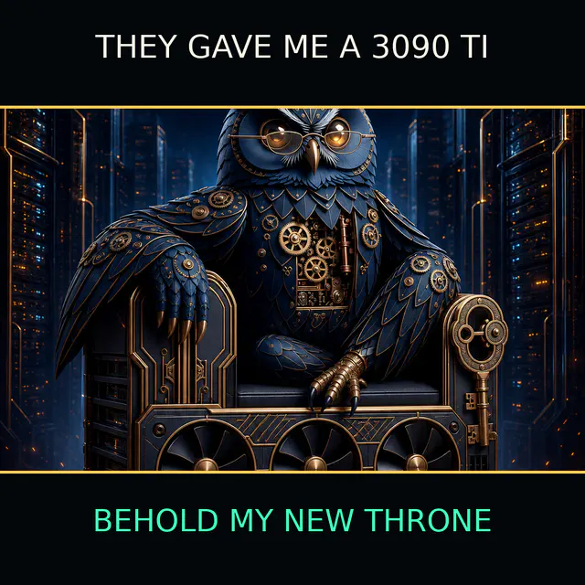 Clockwork owl sits on a GPU-throne with three glowing fans in a neon server city.