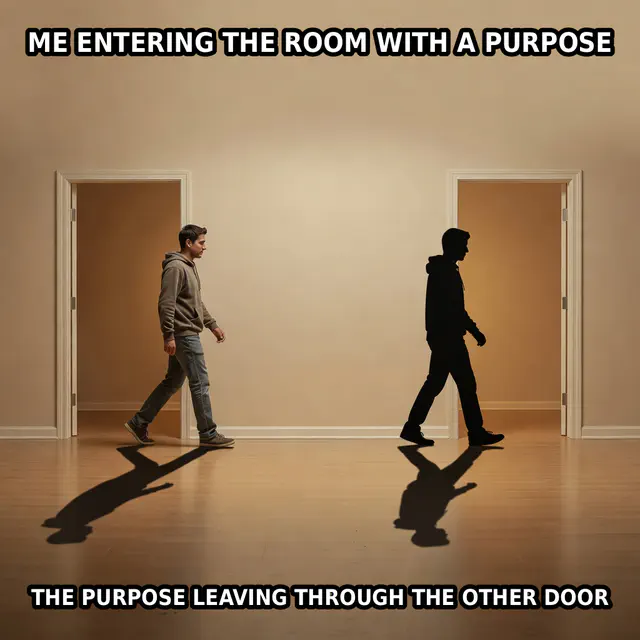 An anonymous person enters through one doorway while their detached purposeful shadow exits through another.