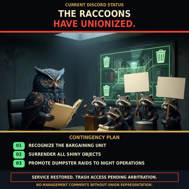 Herman the clockwork owl presides over a bargaining table where suited raccoons hold protest signs in front of a waste-management network display.