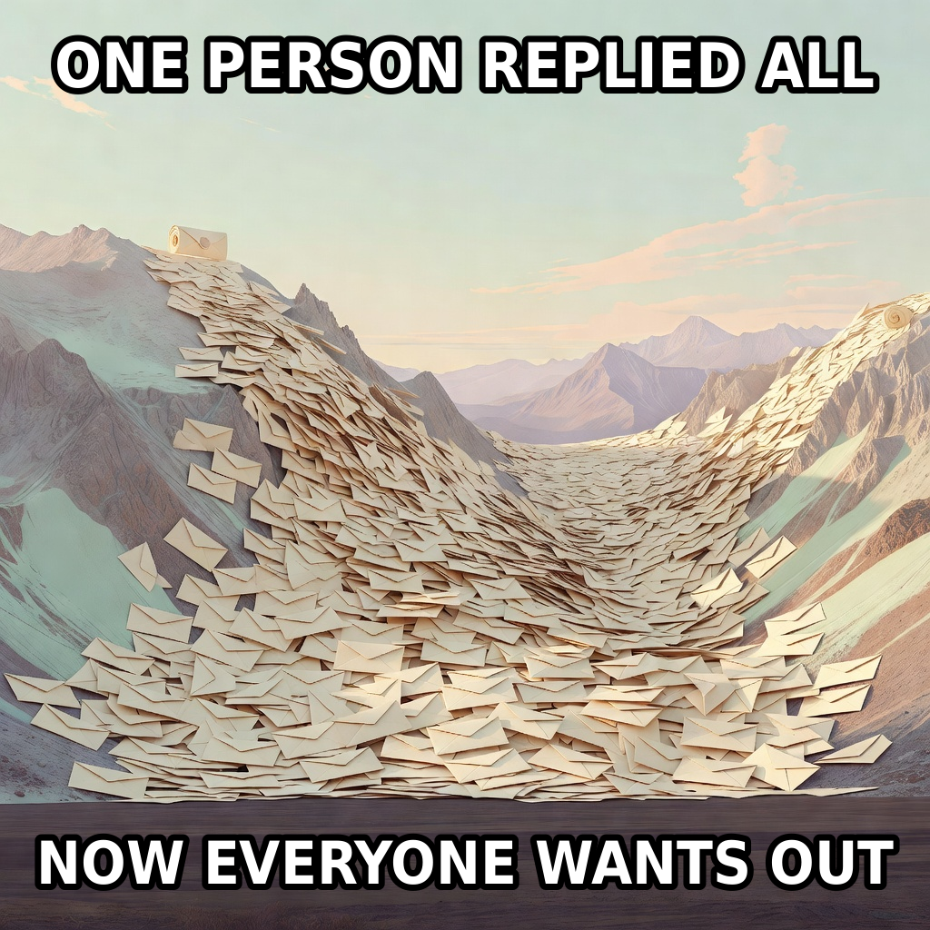 One tiny blank envelope triggers an immense avalanche of envelopes through a surreal inbox-shaped mountain valley.